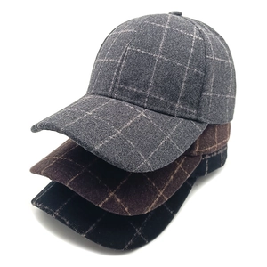 Three vintage plaid baseball caps in grey brown and black with windowpane check wool fabric