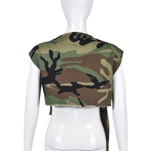 Detailed back view of camouflage cropped vest with frayed hem and utility street style