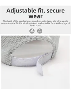 Dettaglio del cinturino in velcro regolabile sul cappello da baseball in rete grigia
