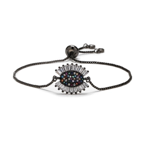 Adjustable evil eye bracelet in gunmetal finish with micro-p镶 inlaid colorful zircons