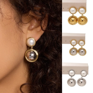 Stainless Steel Imitation Artificial Pearl Double Ball Drop Earrings Polished Metal Geometric Fashion Jewelry For Women