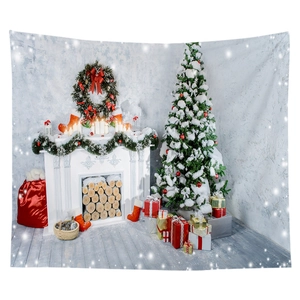 Detail of Christmas tapestry featuring a cozy fireplace, decorated tree and gift boxes