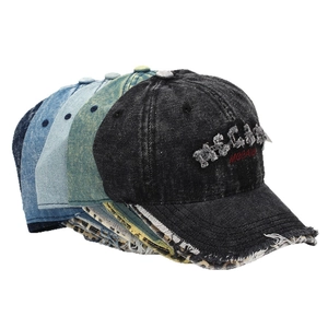 Distressed denim baseball caps with 3D McCann embroidery in four vintage washed colors