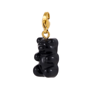 Detailed shot of black resin bear charm with gold-plated lobster clasp and glossy finish