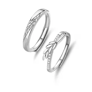 925 Sterling Silver Wheat Ear Couple Rings For Women Men Adjustable Opening Leaf Rhinestone Promise Rings Fine Jewelry