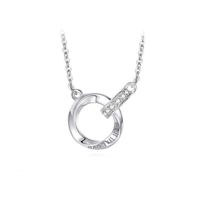 Silver double ring necklace for couples with Fall in Love engraving and cubic zirconia