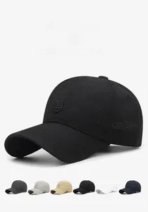 Detail view of quick-dry baseball cap with laser-cut holes and R-logo badge in six colors