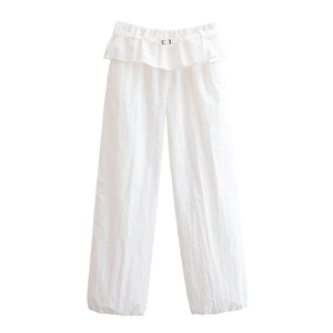 Pantalon Large Taille Haute Polyester Volants Taille Paperbag Cordon De Serrage Pantalon Décontracté Pour Femmes