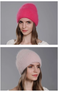 Soft winter Angora rabbit fur knitted beanies for women in hot pink and pale pink