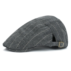 Classic dark grey striped cotton flat cap with adjustable side buckle on white background