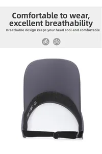 Detail of grey sun visor showing UPF50+ label, sweatband, and adjustable buckle strap