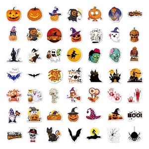 Detailed grid of Halloween stickers featuring pumpkins, ghosts, and festive party icons