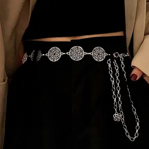 Hollow metal circle waist chain for women with elegant floral pattern and triple drop chains