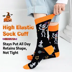 Halloween skull cotton crew socks with elastic cuff and colorful holiday patterns