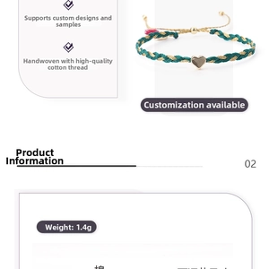 Detail showing 1.4g handmade braided green and gold thread bracelet with grey heart pendant