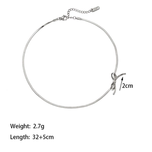 Silver bow knot snake chain choker dimensions showing weight 2.7g and length 32+5cm