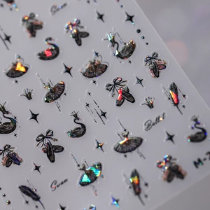 Holographic ballet nail stickers with swan and crown patterns for elegant nail art decoration