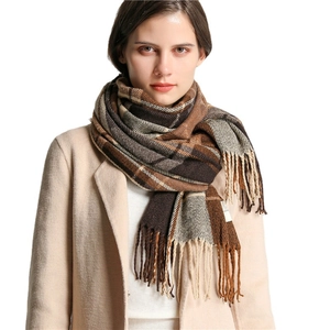 Classic brown plaid scarf with fringe tassels for winter warmth and stylish layering