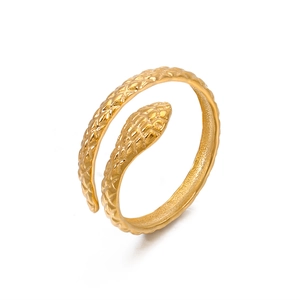Golden stainless steel snake ring with textured scales and adjustable open band design
