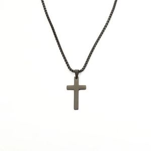Polished gun black stainless steel cross pendant necklace with box chain for men and women