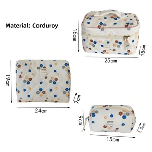 Three-piece corduroy floral makeup bag set with sizes in 25x16x15cm, 24x19x7cm, and 15x9x7.5cm
