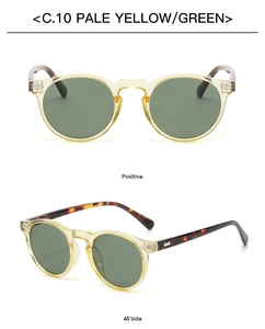 Detailansicht der runden Retro-Kinder-Sonnenbrille mit gelbem Rahmen und Schildpattbügeln