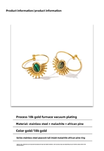 Detail of 18K gold plated stainless steel rings with malachite and turquoise inlays