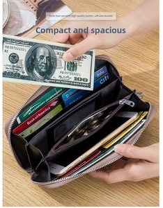 Detailed interior of a leather wallet with multiple card slots and smartphone compartment