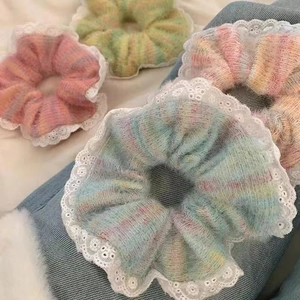 Rainbow knit lace scrunchie set with soft pastel gradient colors and fluffy texture