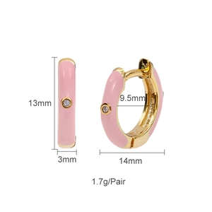 Pink enamel gold metal hoop earrings with round rhinestone and detailed size measurements