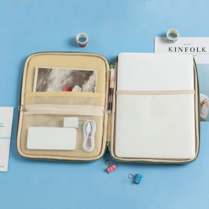 Internal layout of green laptop sleeve showing mesh pockets and stationery organizers