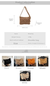 Detailed size specifications for woven tassel bag in black brown orange khaki and white