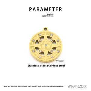 Macro detail of a 16mm gold stainless steel North Star pendant with inlaid zircons