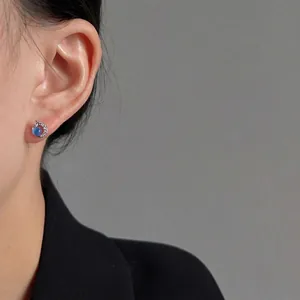 Starry Sky Crescent Moon Stud Earrings with Blue Cat Eye Stone and Zircon Accents
