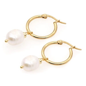 Elegant gold stainless steel hoop earrings with natural freshwater pearl pendants
