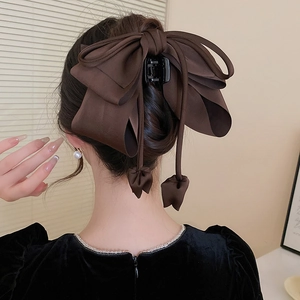 Gros plan d'une grande pince à cheveux nœud en satin marron avec glands sur cheveux longs