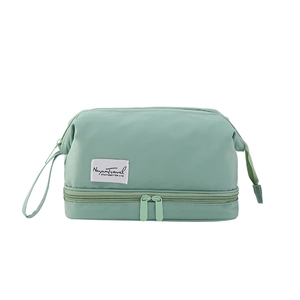 Large capacity mint green double-layer cosmetic bag with waterproof nylon and dual zippers