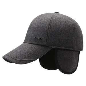 Winter thermal baseball cap for men with ear flaps and thick wool lining in dark grey
