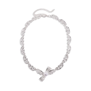 Silver bow necklace with pearl pendant, elegant geometric choker for minimalist fashion