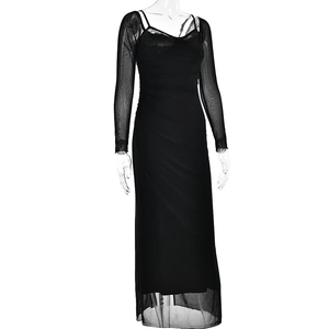 Front detail of black mesh long sleeve dress with sexy backless slit design