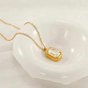 Emerald Cut Zircon Pendant Necklace Stainless Steel 18K Gold Plated Geometric Minimalist Jewelry For Women