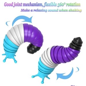 Detail of colorful fidget slug toy showing flexible 360-degree joint rotation mechanism