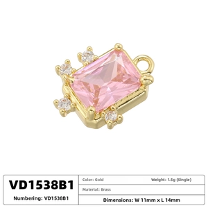 Detailed macro view of pink rectangle gemstone pendant in gold brass with dimensions