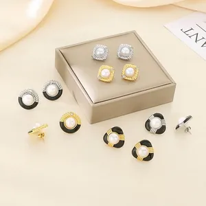 Vintage Stainless Steel Earrings With Shell Faux Artificial Pearl Enamel And Rhinestones Geometric Studs For Women Elegant Jewelry