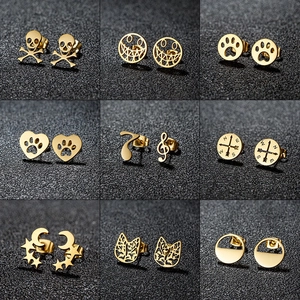 Stainless Steel Stud Earrings Minimalist Geometric Skull Paw Heart Star Moon Music Note Compass Punk Jewelry For Women