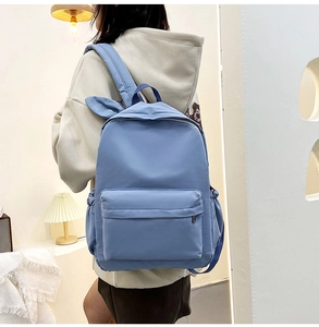 Macro shot of light blue backpack with rabbit ears decoration and large capacity