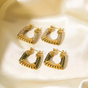 Square 18K gold-plated stainless steel stud earrings with zircon and green gems