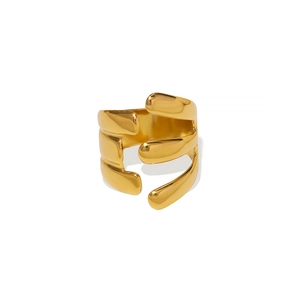 Bague ajustable en acier inoxydable doré 18 carats avec lignes fluides asymétriques