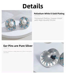 Macro detail of silver shell earring featuring blue turquoise, zircons and round pearl
