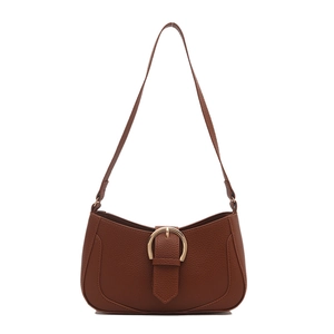 Brown lychee texture underarm bag with gold D-ring buckle on white background